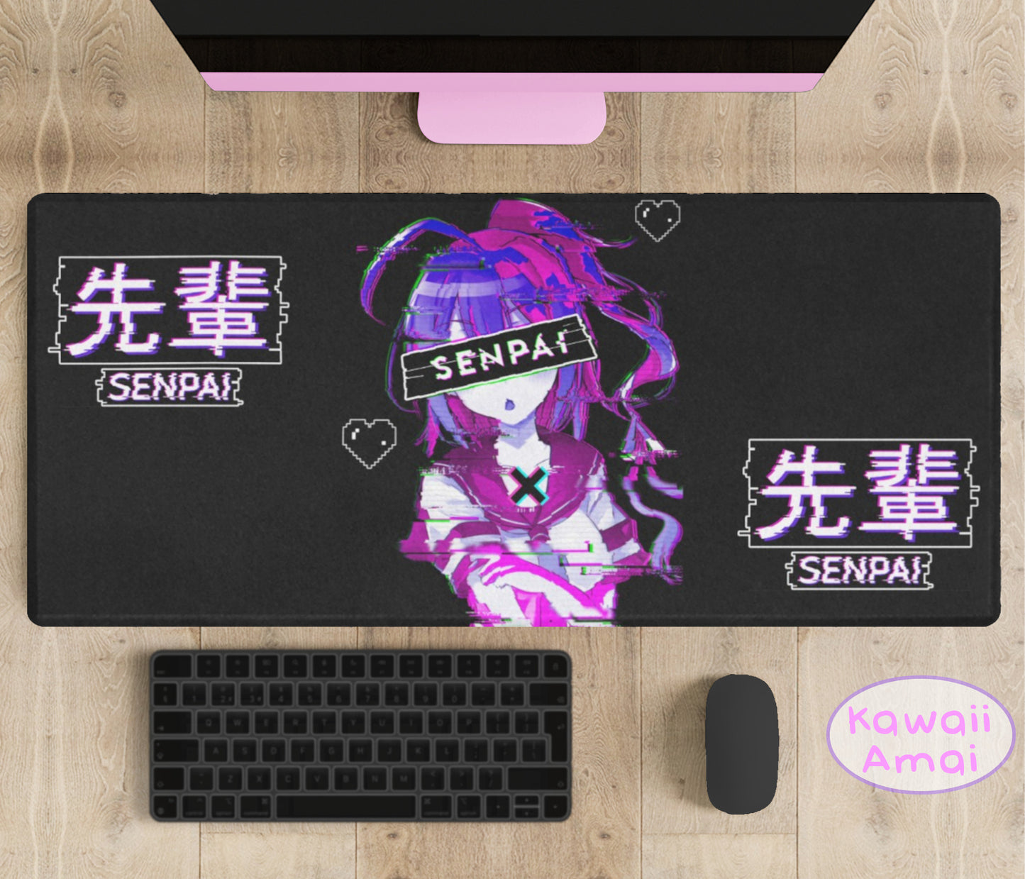 Black and Purple desk mat perfect for kawaii-themed workspaces or gaming setups