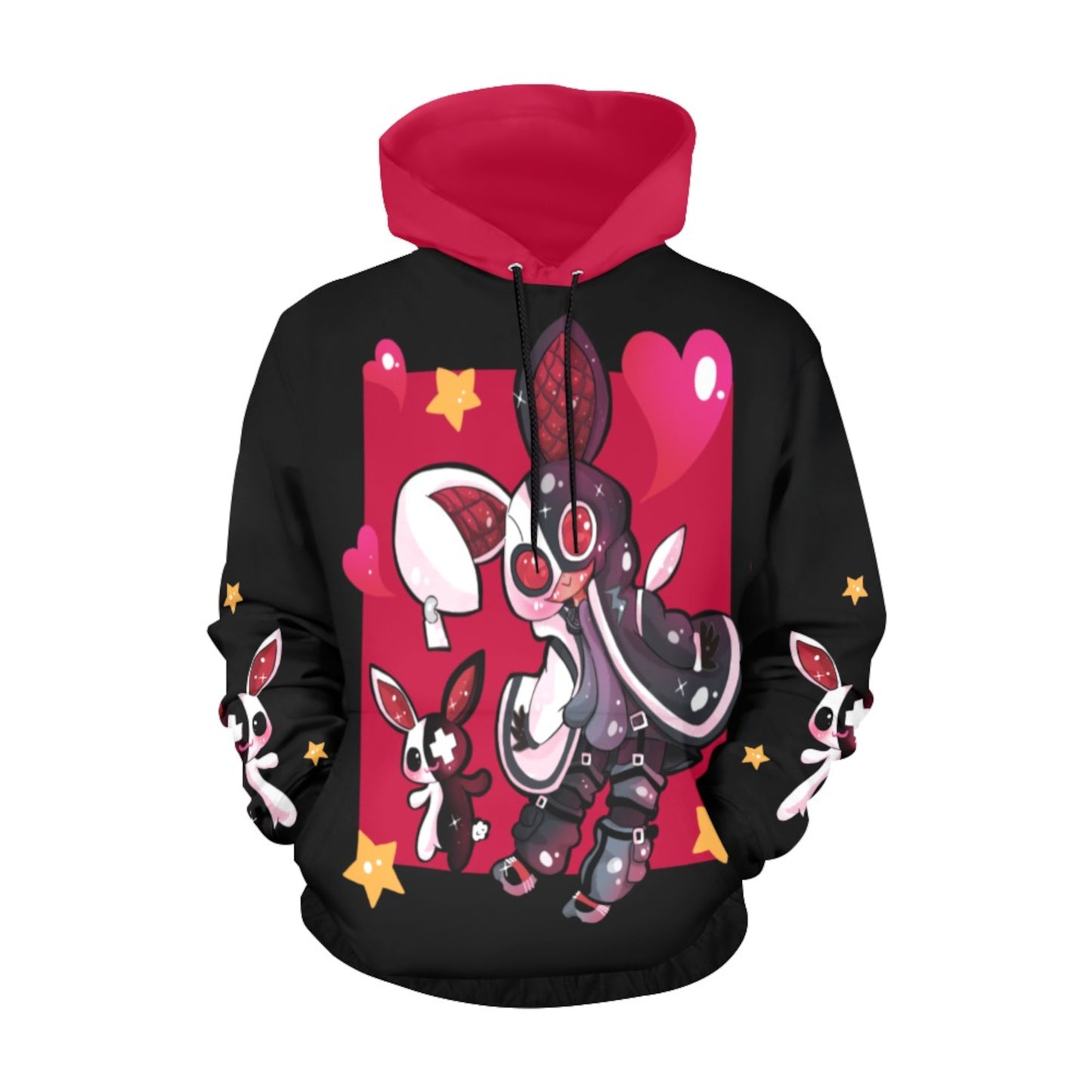 Front of a red and black pastel goth sweatshirt hoodie displayed on clean white background.