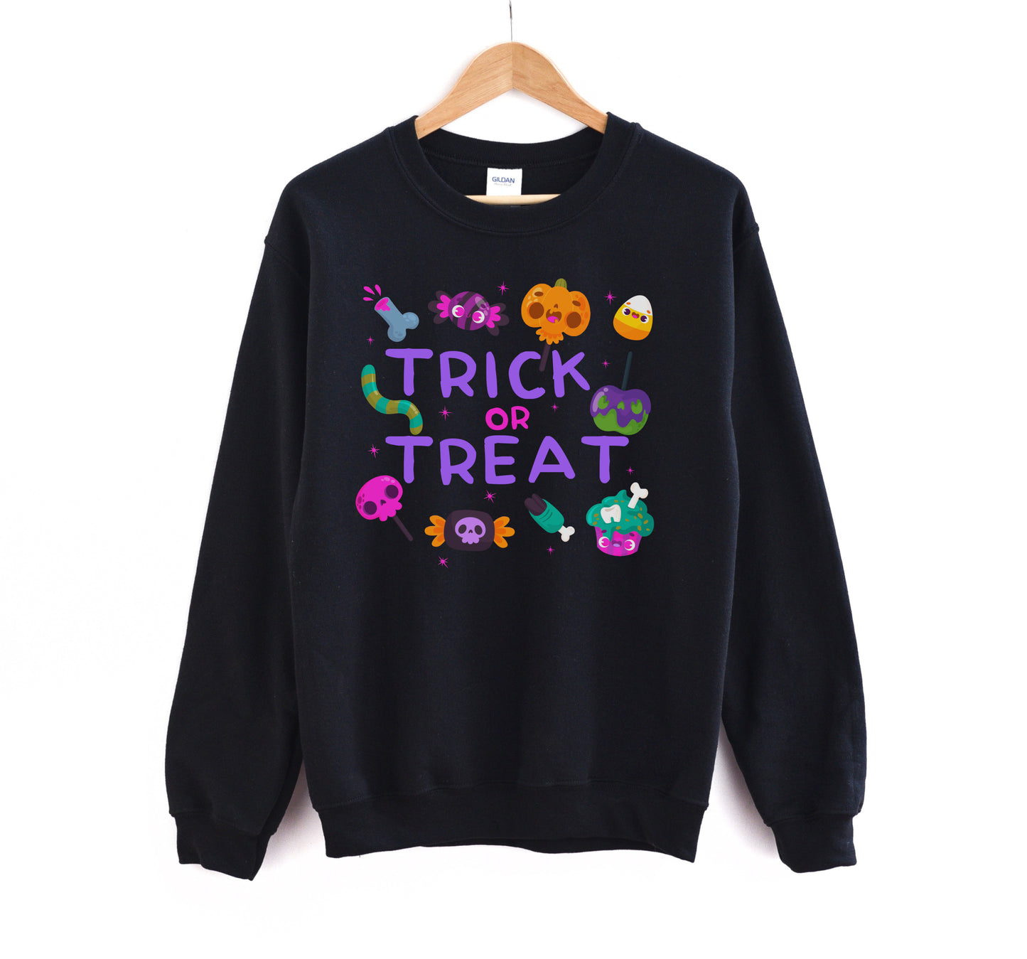 Black sweatshirt with Halloween-themed graphics and 'Trick or Treat' text on a white background.