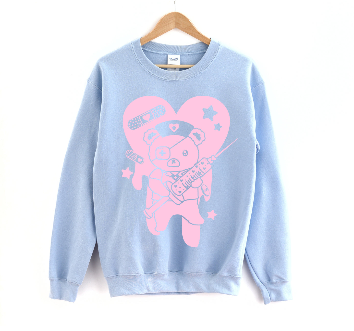 Blue Menhera Kei Bear Band Aid kawaii aesthetic sweatshirt displayed on clean background.