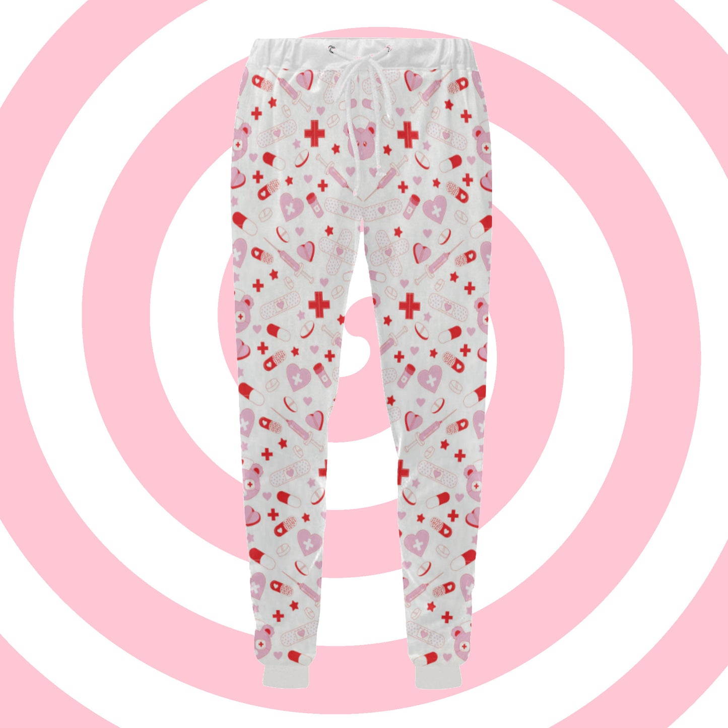 Creepy Cute Menhera Kei and Yami kawaii aesthetic jogger pant displayed on pink white background.