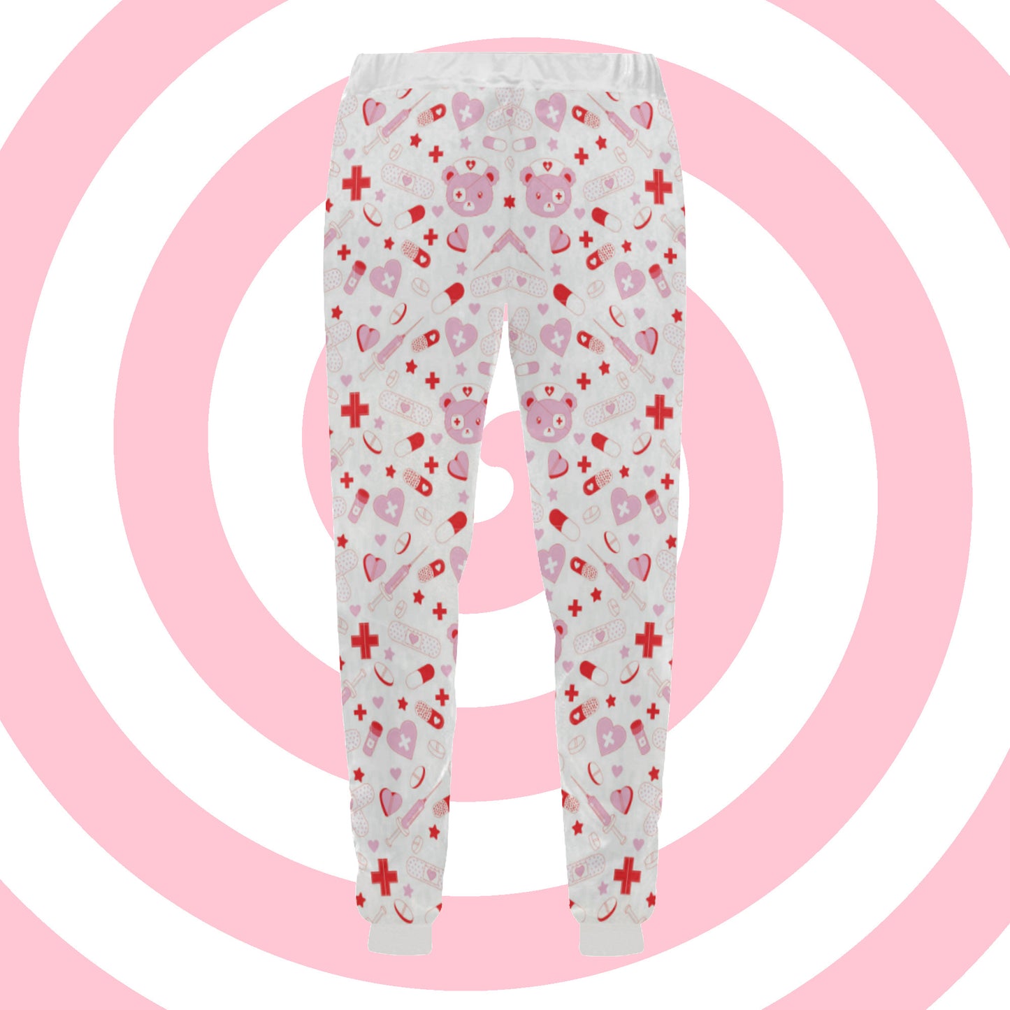 Creepy Cute Menhera Kei and Yami kawaii aesthetic jogger pant displayed on pink white background.