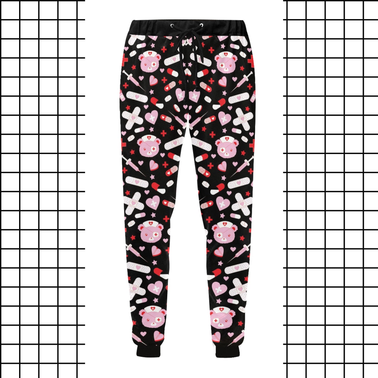 Creepy Cute Menhera Kei and Yami kawaii aesthetic jogger pant displayed on black and white background.
