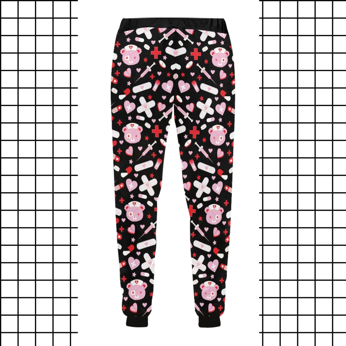 Creepy Cute Menhera Kei and Yami kawaii aesthetic jogger pant displayed on black and white background.