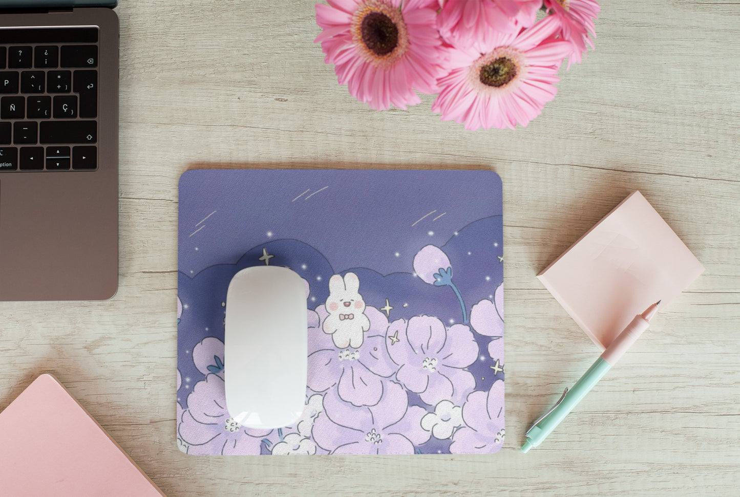 Pastel kawaii desk mat with charming motifs and cozy aesthetic