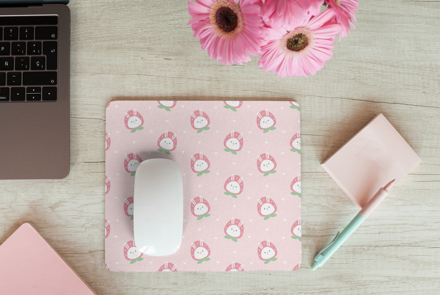 Pastel kawaii desk mat with charming motifs and cozy aesthetic on a neat deskop
