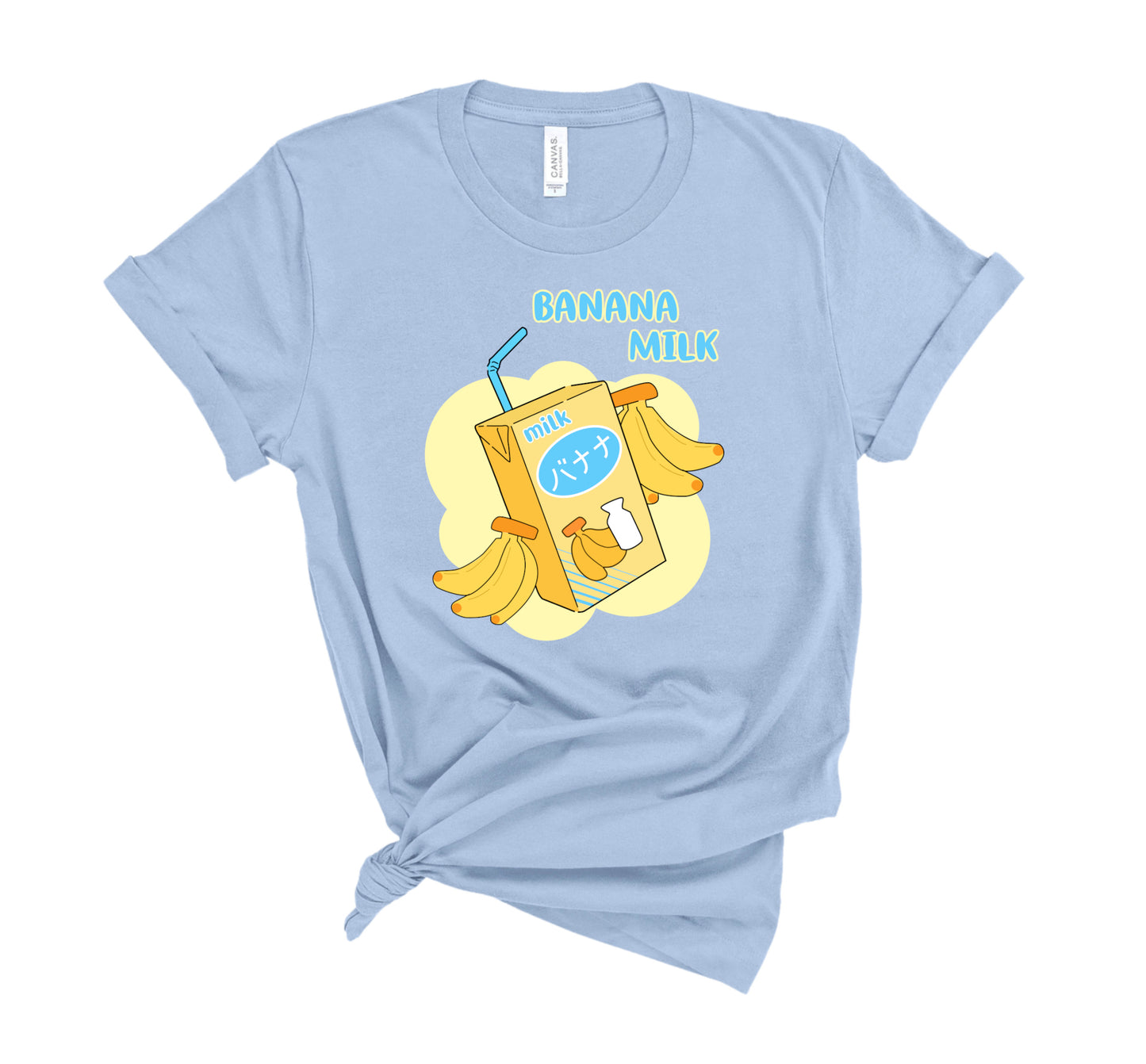 kawaii t-shirt with banana milk print on white background.