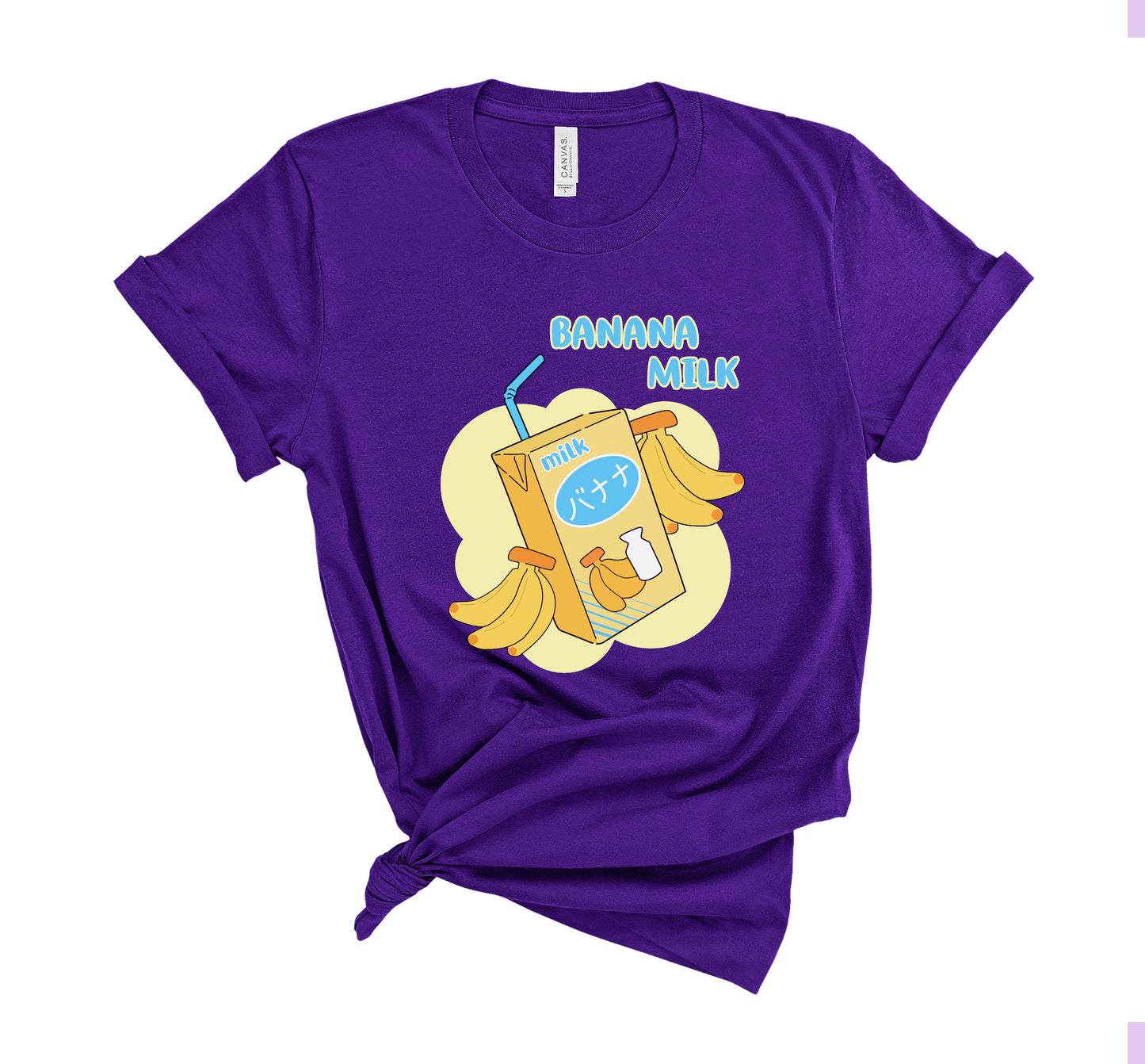 kawaii t-shirt with banana milk print on white background.