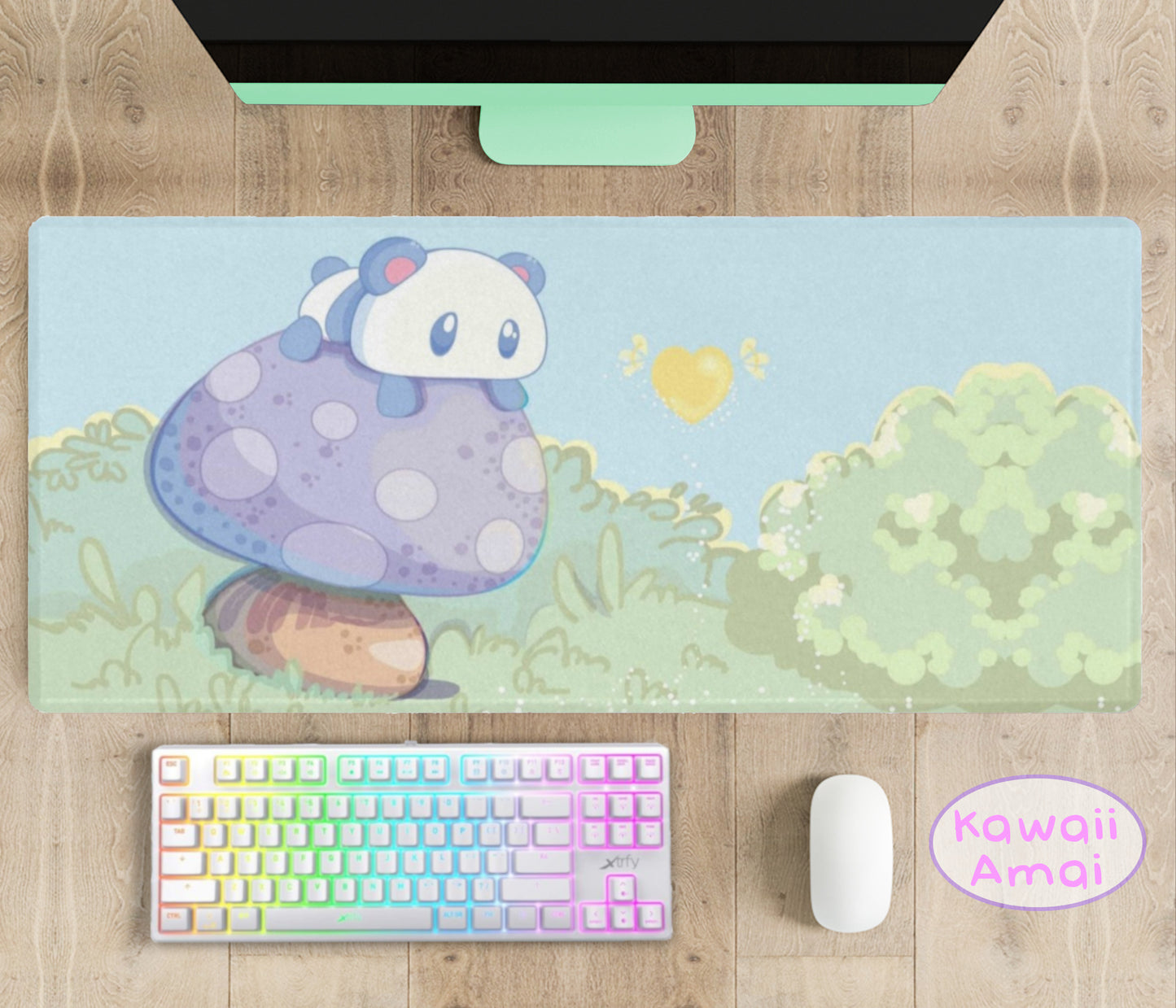 Soft kawaii desk mat with adorable animal design on a tidy workspace