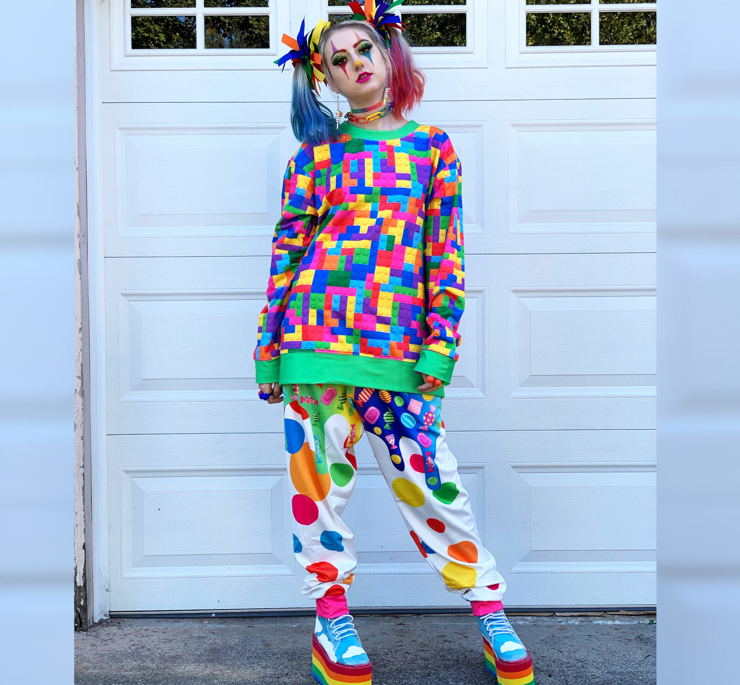 Model dressed in Decora Kei and Kidcore fashion, featuring candy pants