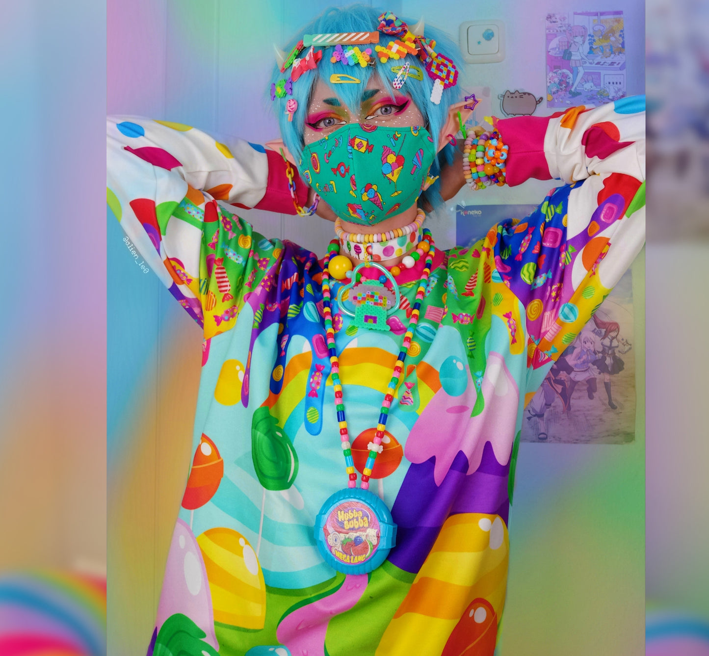 Young boy wearing a Harajuku Kidcore sweatshirt with a candy print