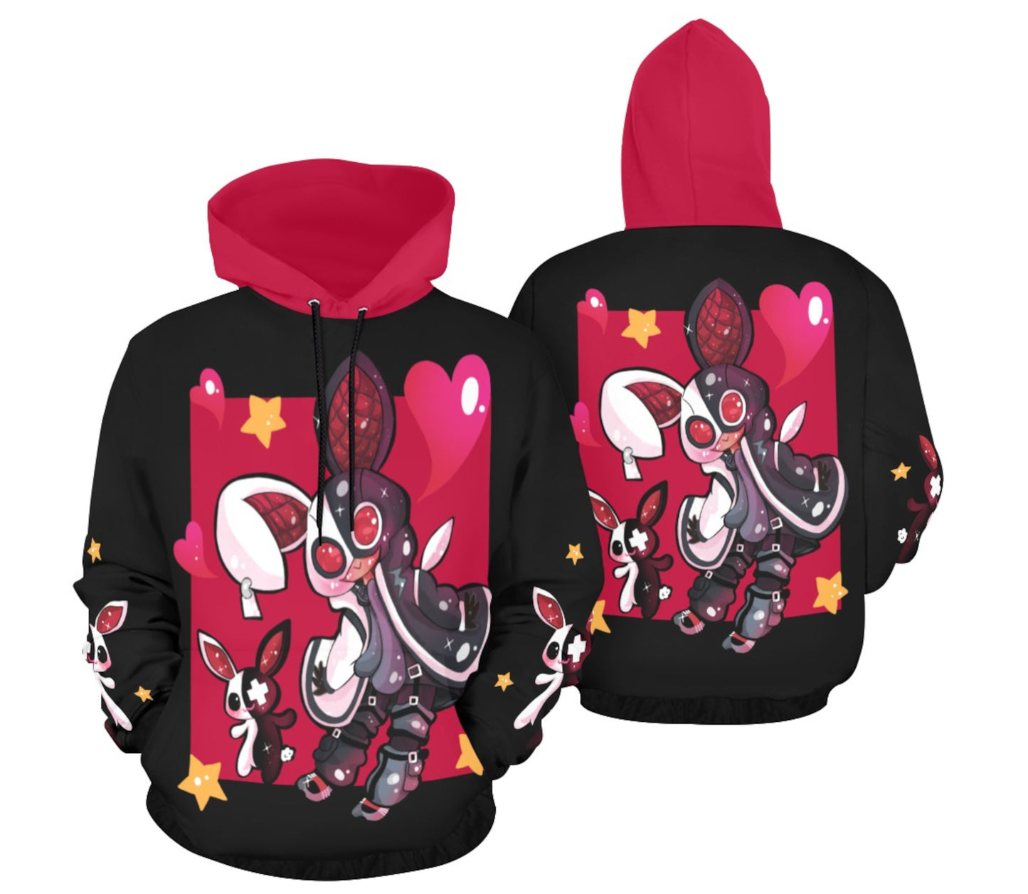 Back and front of a red and black pastel goth sweatshirt hoodie displayed on clean white background.