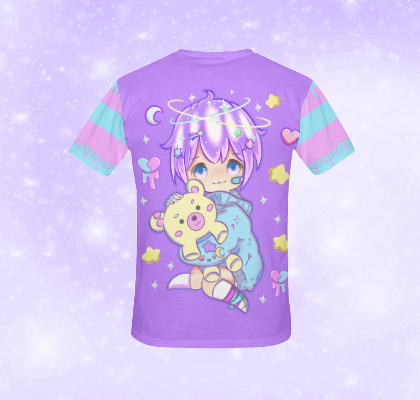 Yami kawaii t-shirt with chibi print on purple background.