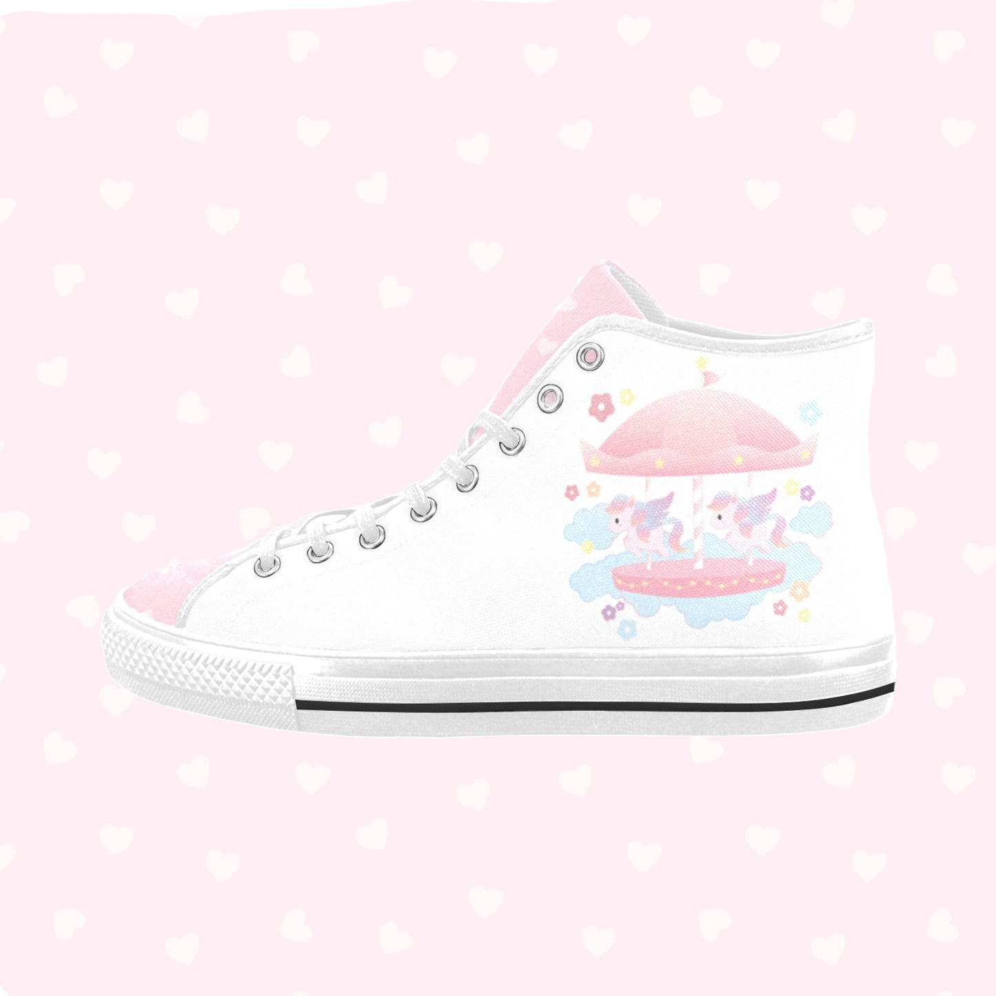 Close-up of cute pastel-colored shoes with decorative elements, displayed on a pink heart background