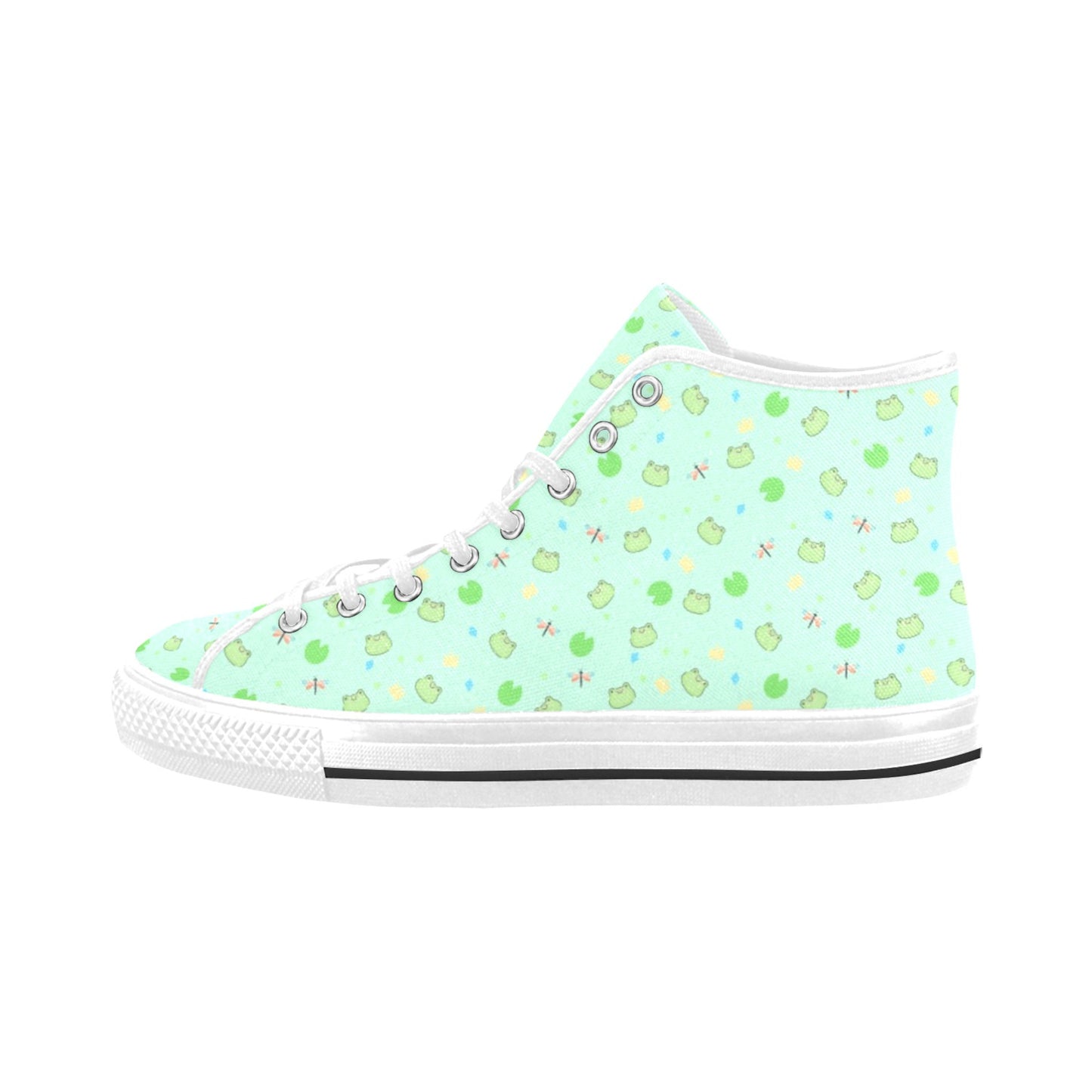Close-up of cute pastel-colored shoes with Kawaii Mint Frog Design, displayed on a smooth white surface