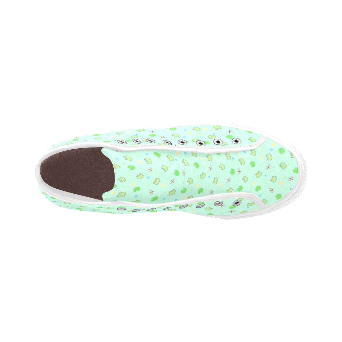Close-up of cute pastel-colored shoes with Kawaii Mint Frog Design, displayed on a smooth white surface