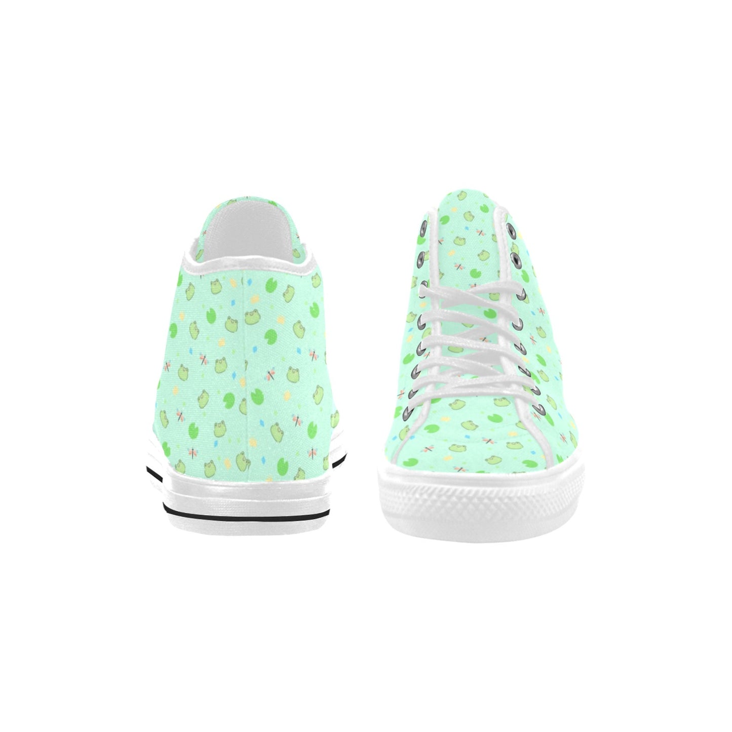 Close-up of cute pastel-colored shoes with Kawaii Mint Frog Design, displayed on a smooth white surface