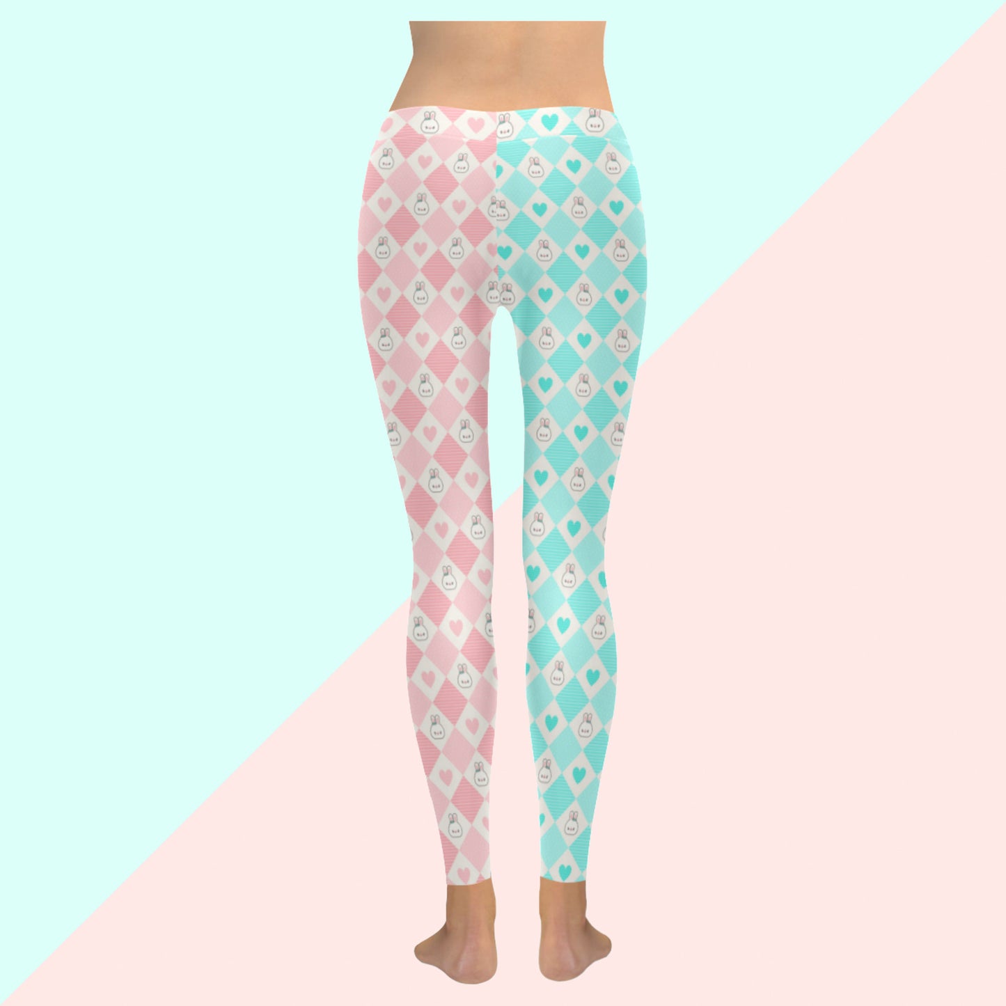 Youthful model wearing cute bunny kawaii leggings in pastel colours on pink and blue background