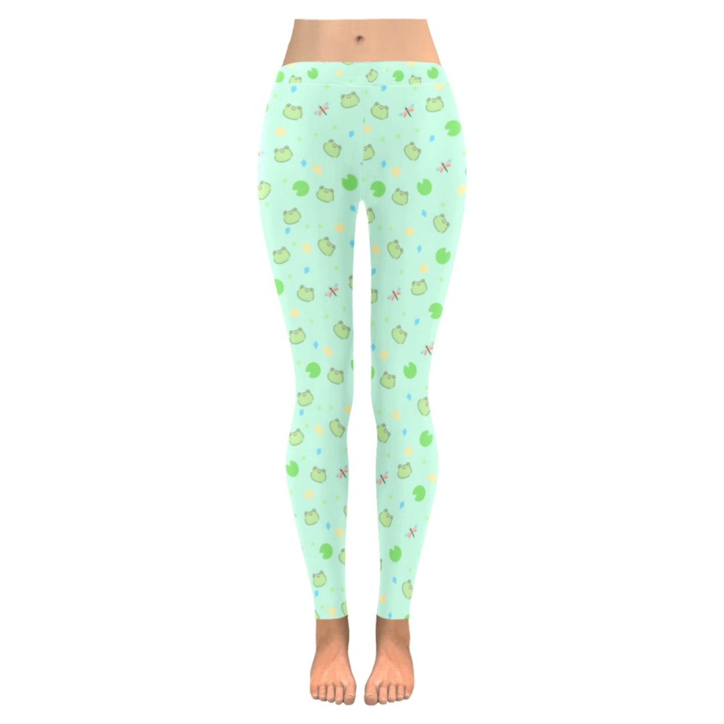 girl modeling Fairy Kei Pastel Mint Frog Leggings on clean white background