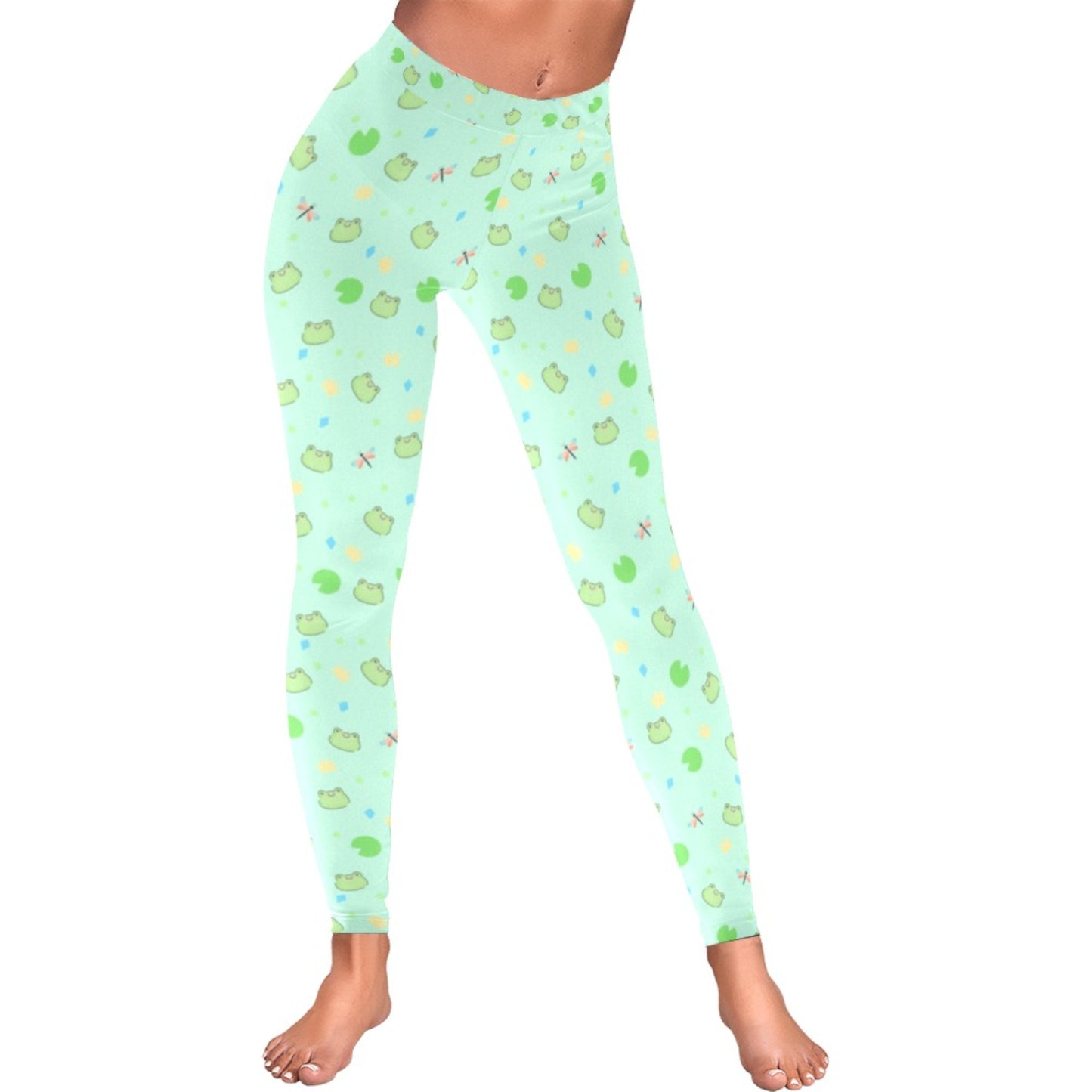 girl modeling Fairy Kei Pastel Mint Frog Leggings on clean white background