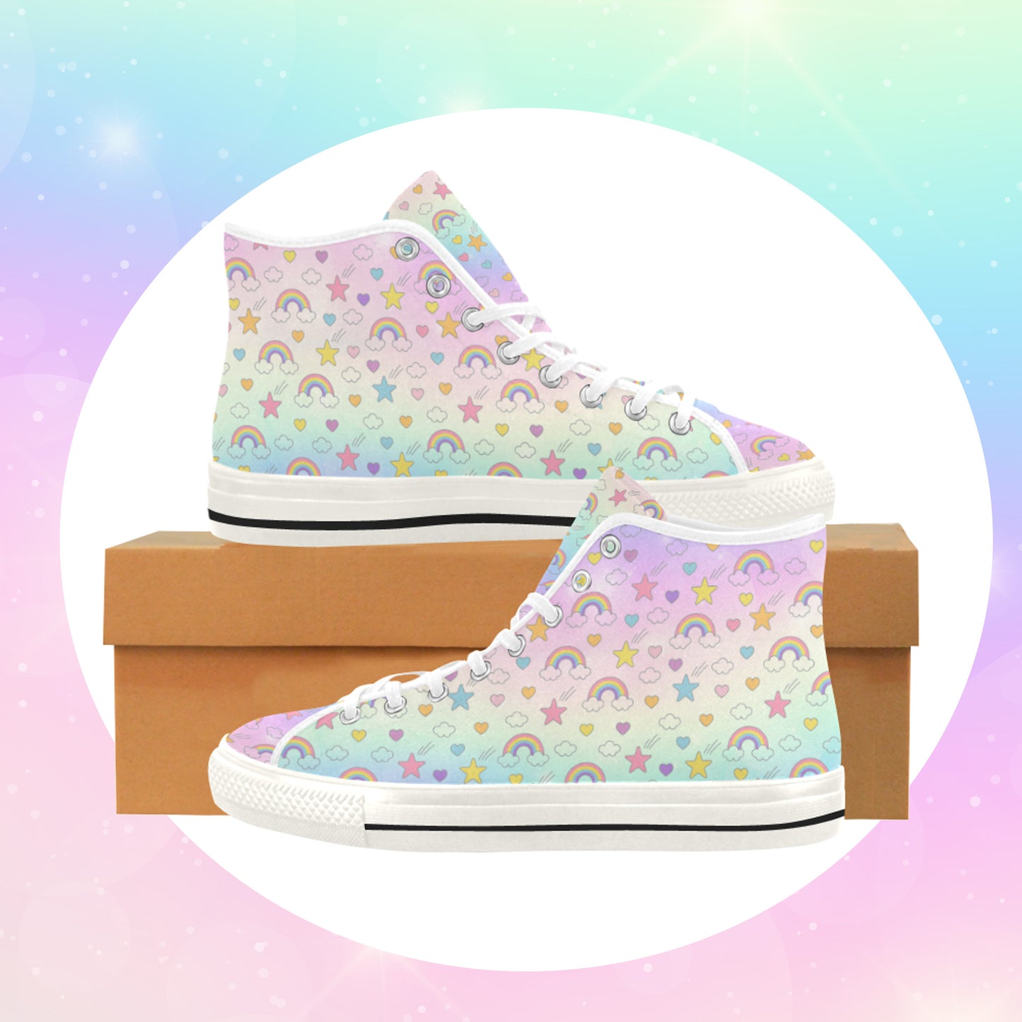 Close-up of cute pastel-colored shoes with decorative elements, displayed on a light background