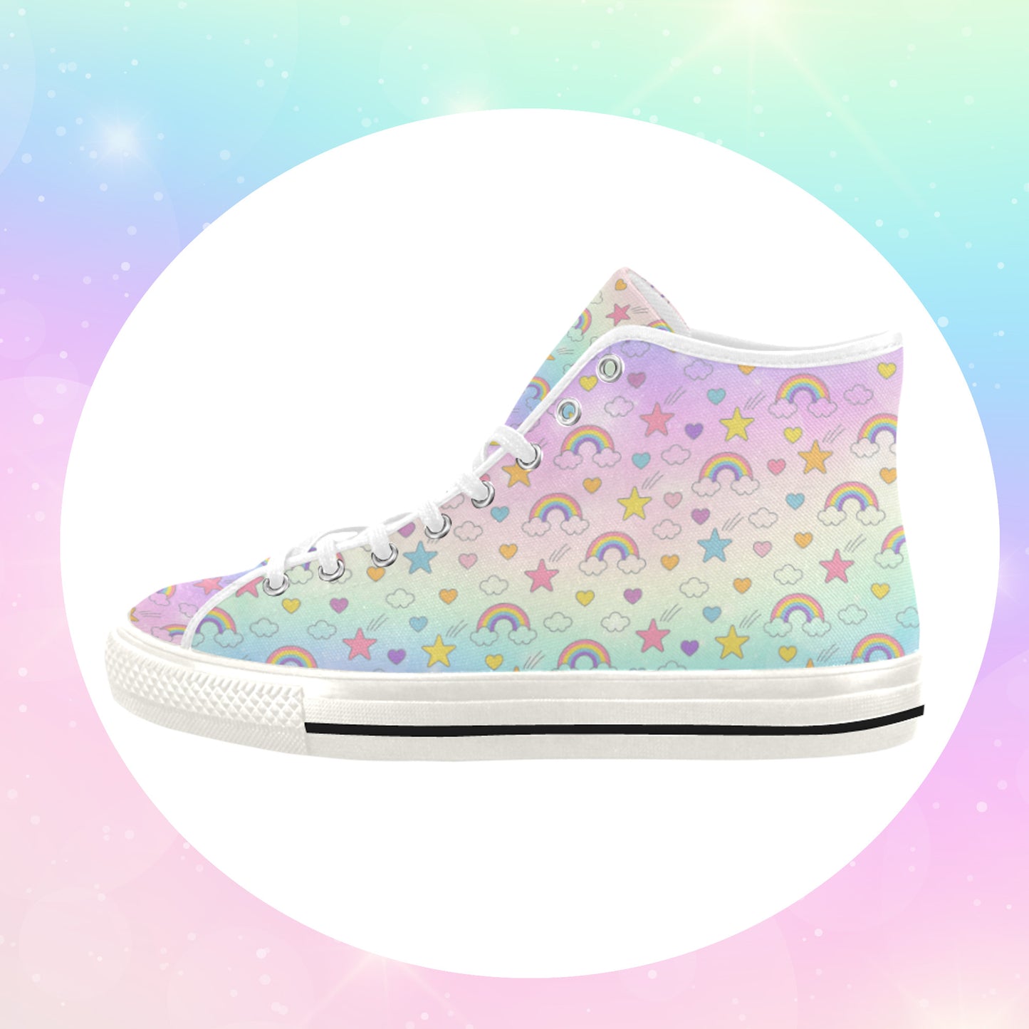 Close-up of cute pastel-colored shoes with decorative elements, displayed on a light background