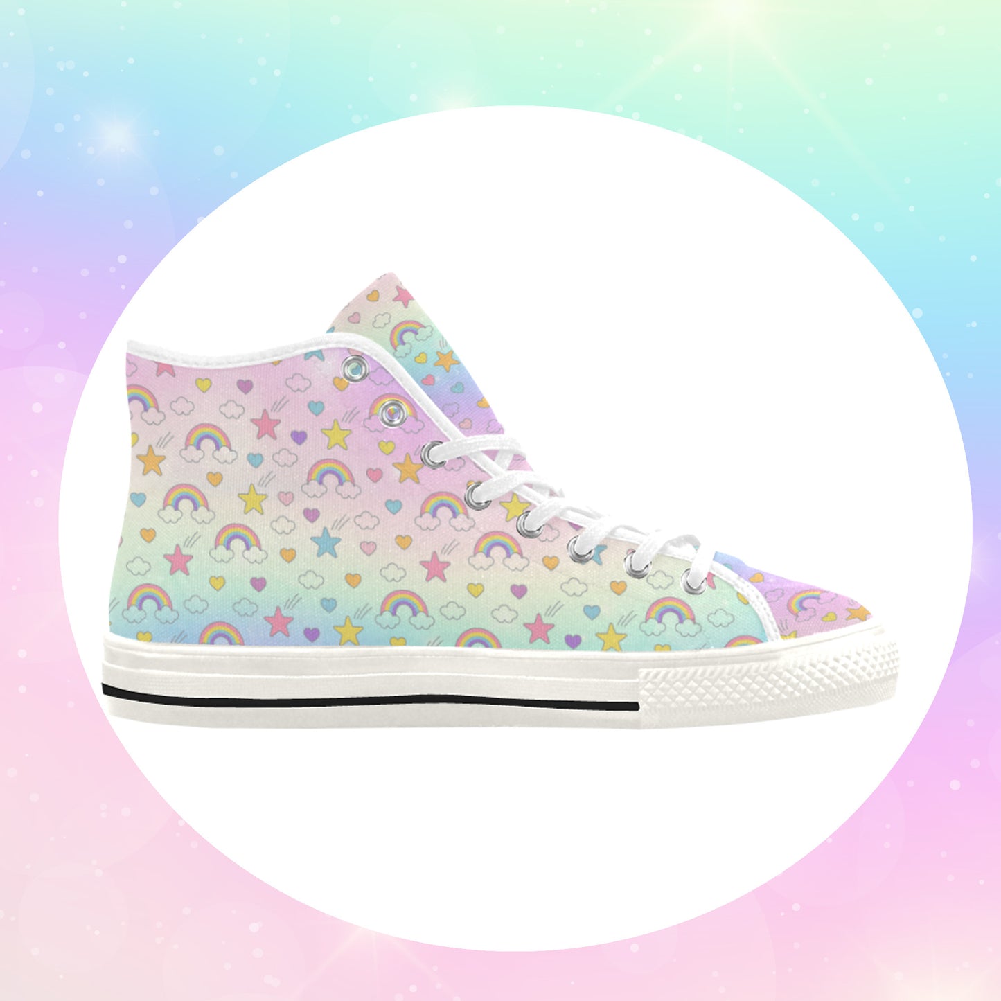 Close-up of cute pastel-colored shoes with decorative elements, displayed on a light background
