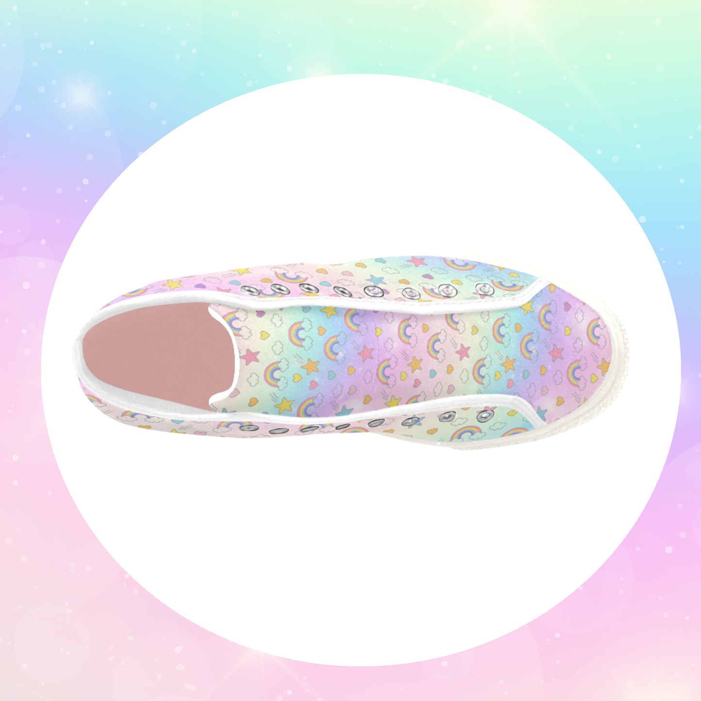 Close-up of cute pastel-colored shoes with decorative elements, displayed on a light background