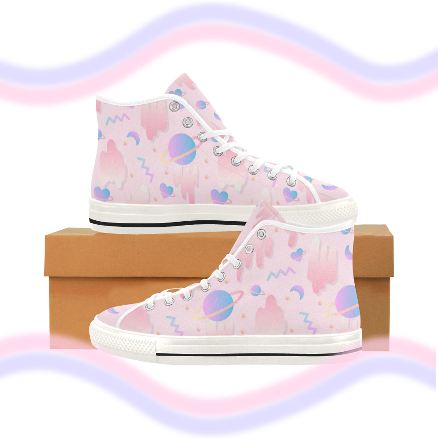 Close-up of cute pastel-colored shoes with cute design, displayed on brown box