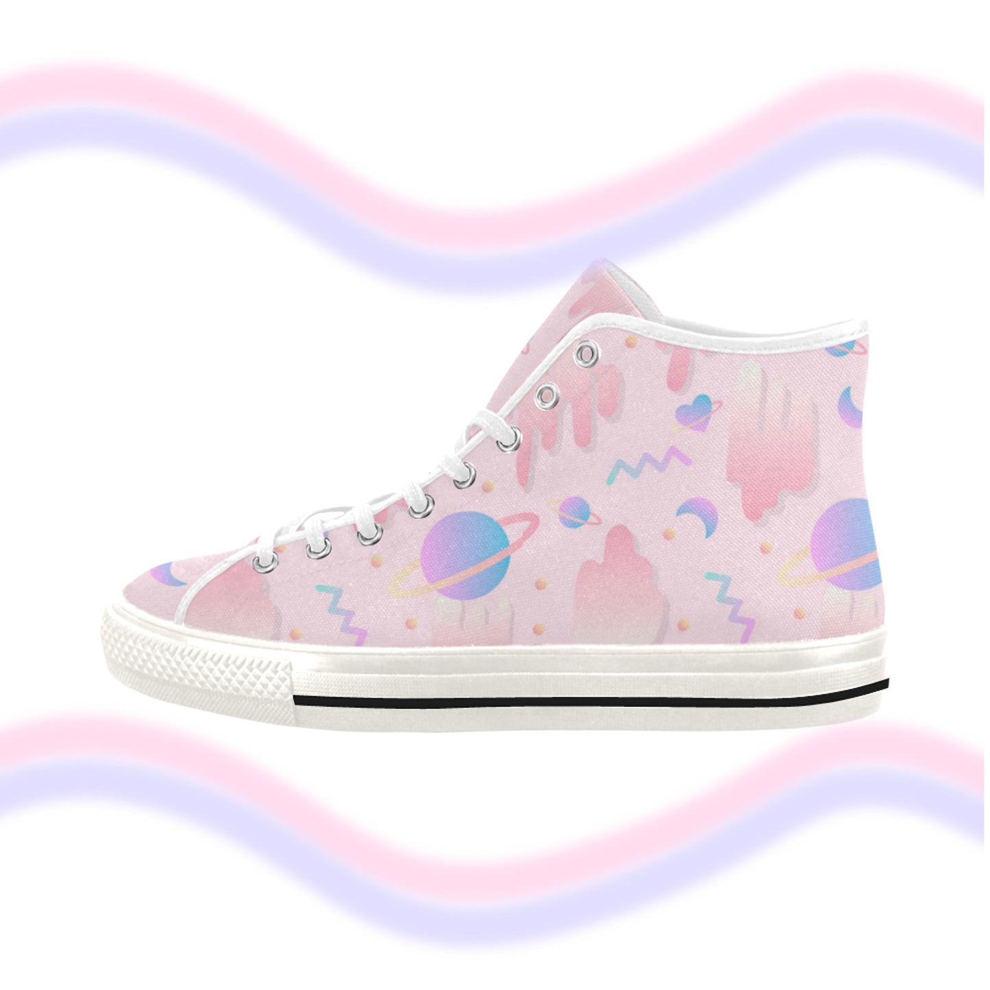 Close-up of cute pastel-colored shoes with cute design, displayed on a white background