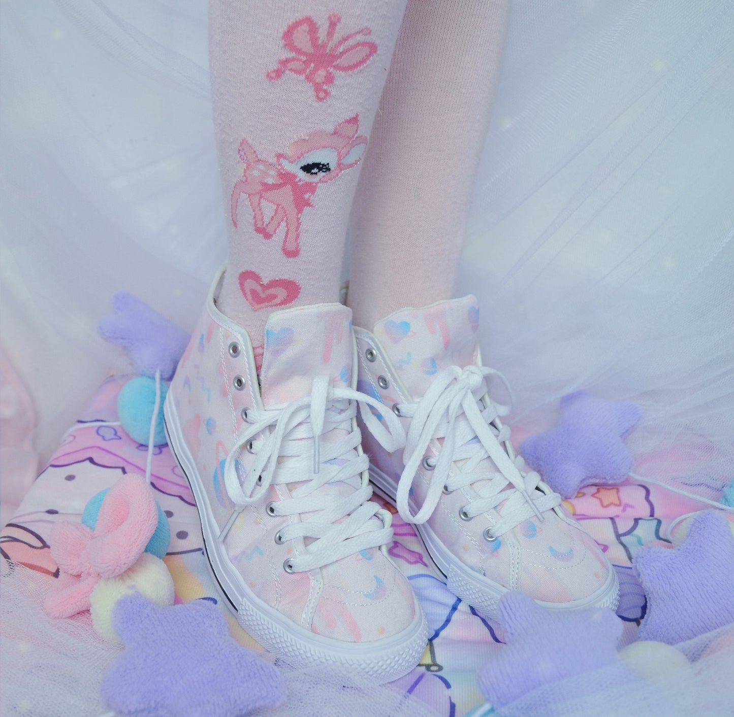 Young girl wearing stylish, cute shoes with a space design