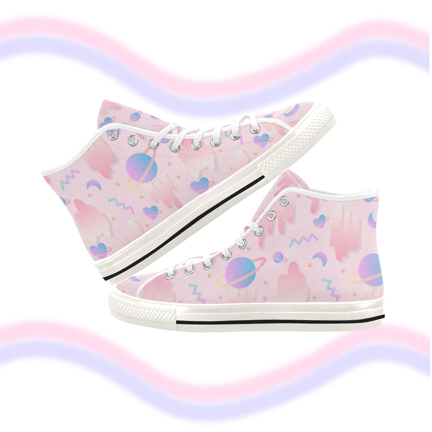 Close-up of cute pastel-colored shoes with cute design, displayed on a white background