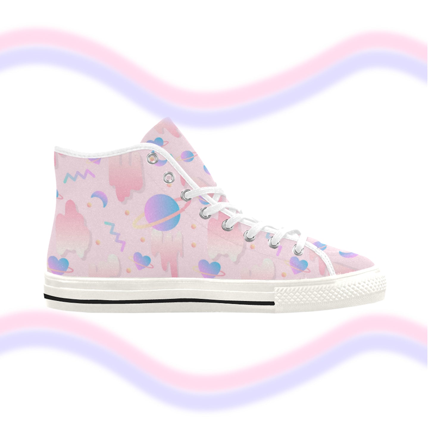 Close-up of cute pastel-colored shoes with cute design, displayed on a white background