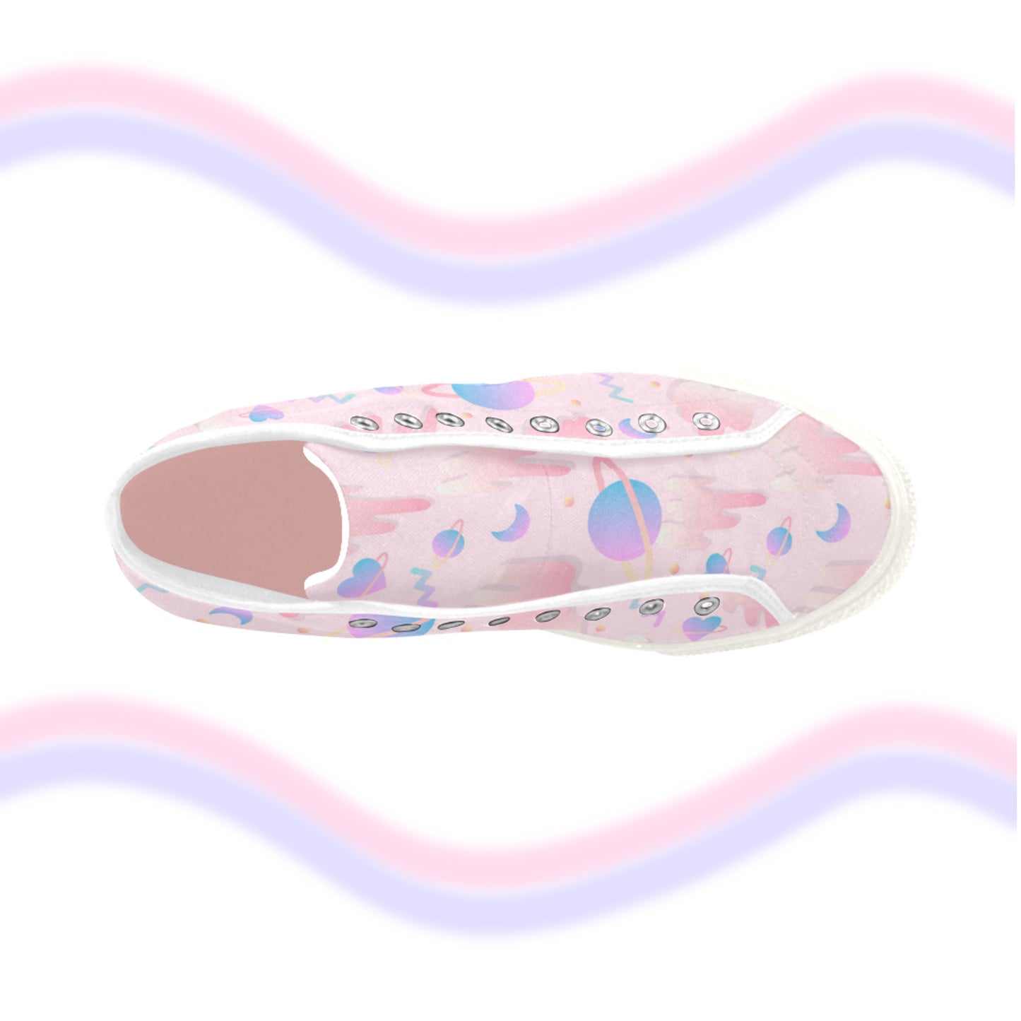 Close-up of cute pastel-colored shoes with cute design, displayed on a white background