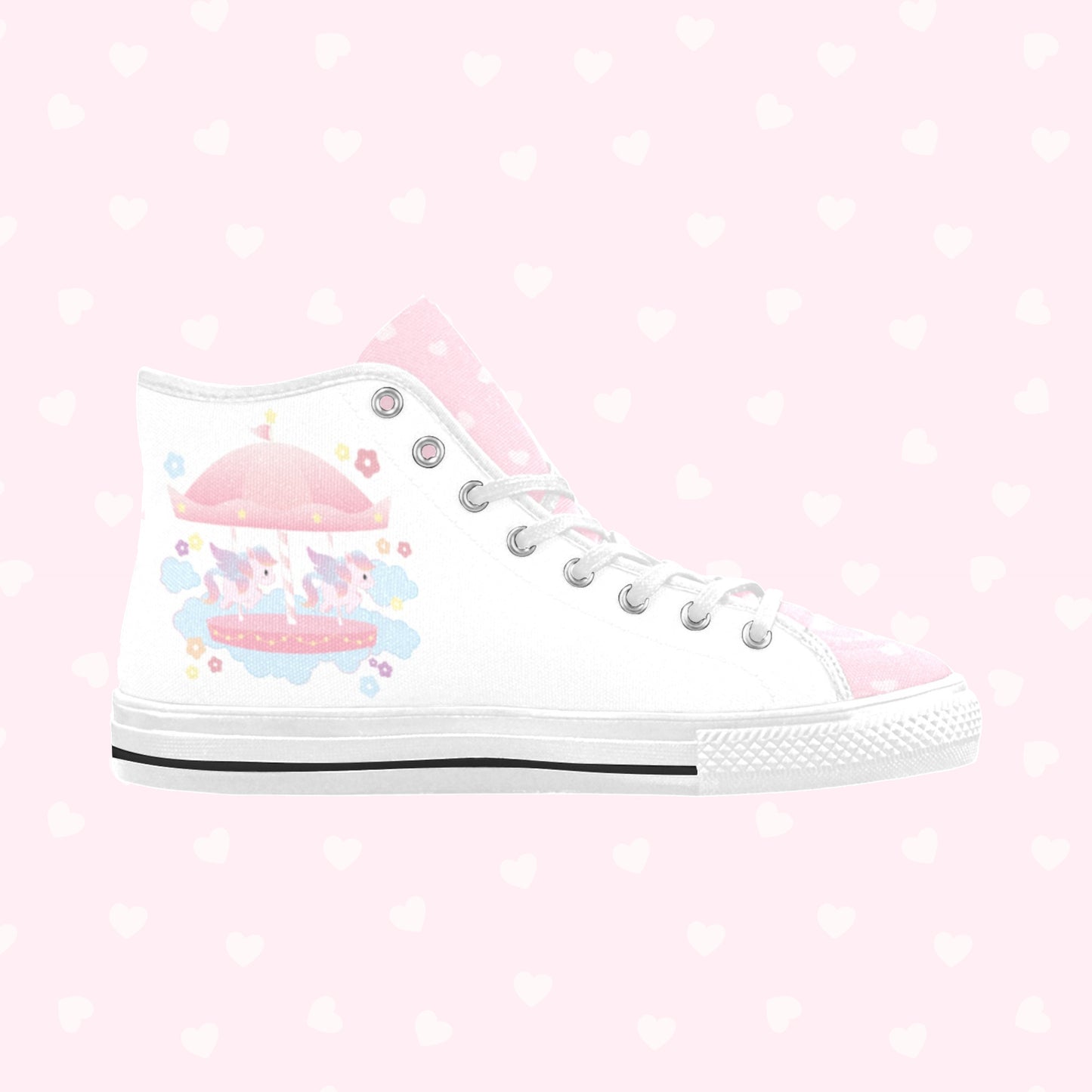 Close-up of cute pastel-colored shoes with decorative elements, displayed on a pink heart background