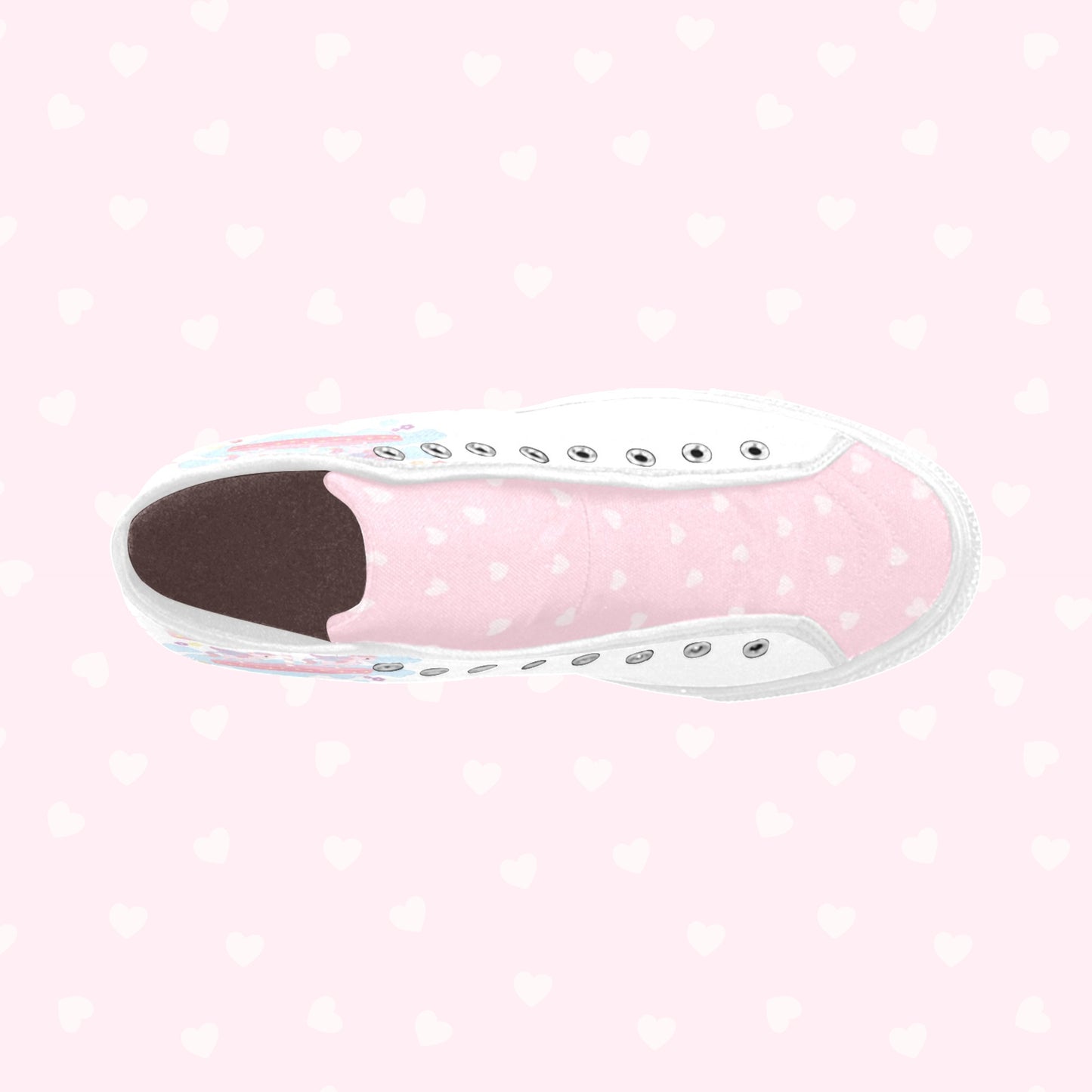 Close-up of cute pastel-colored shoes with decorative elements, displayed on a pink heart background