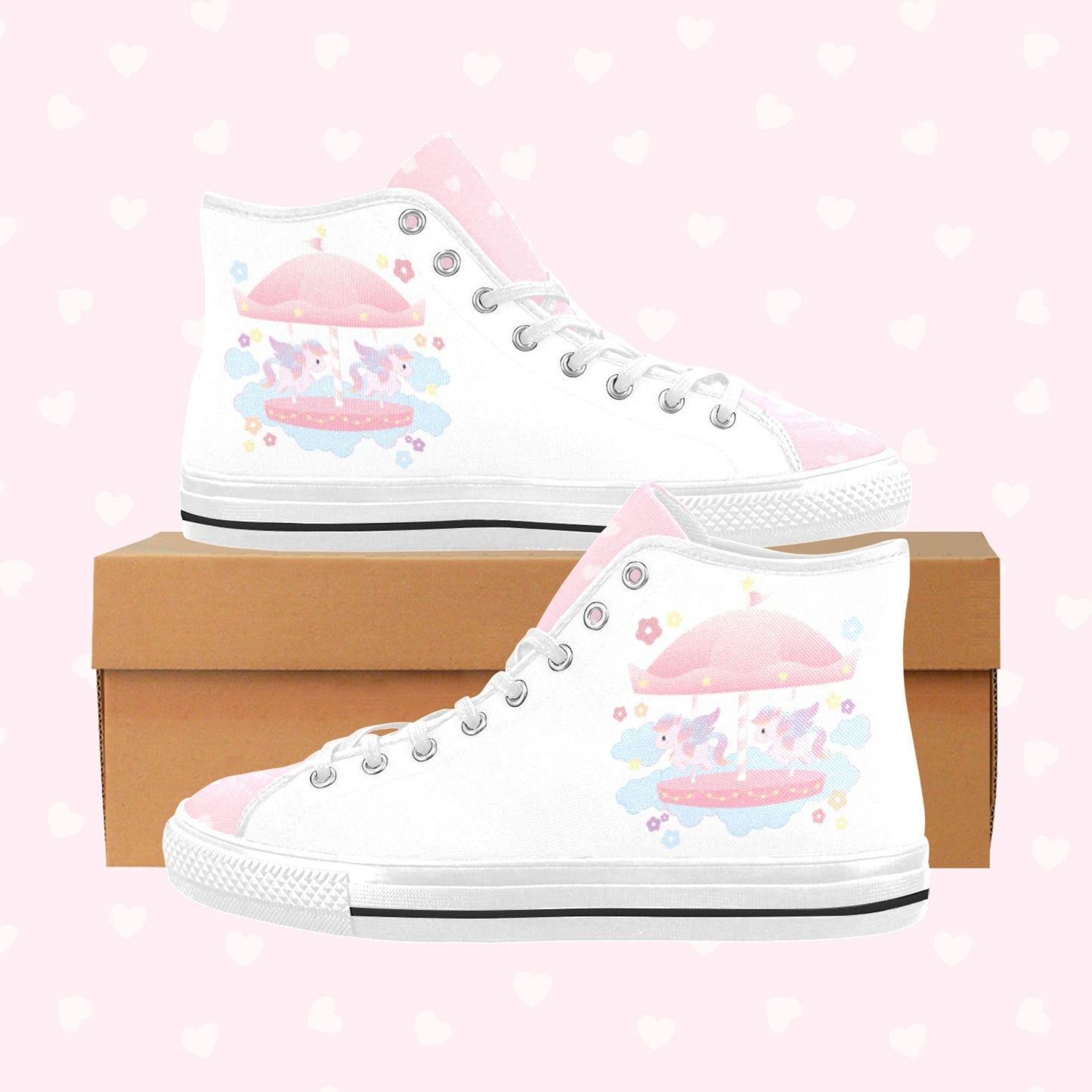 Close-up of cute pastel-colored shoes with decorative elements, displayed on a pink heart background