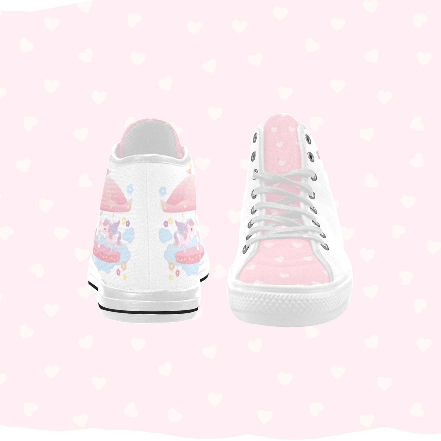 Close-up of cute pastel-colored shoes with decorative elements, displayed on a pink heart background