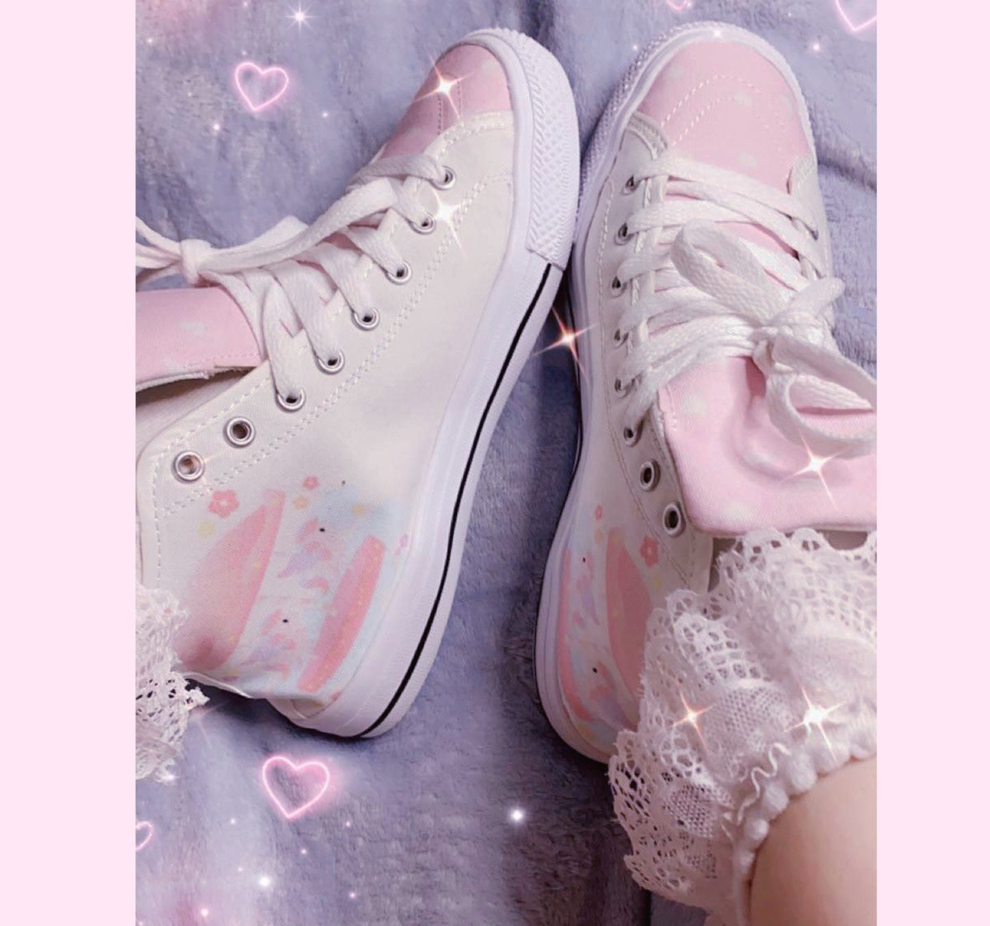 Pair of cute, stylish shoes neatly arranged on a purple background