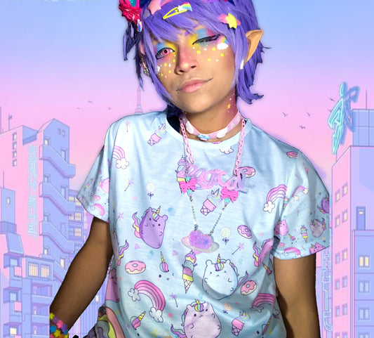 model  wearing a pastel kawaii t-shirt with a cute rainbow clouds print