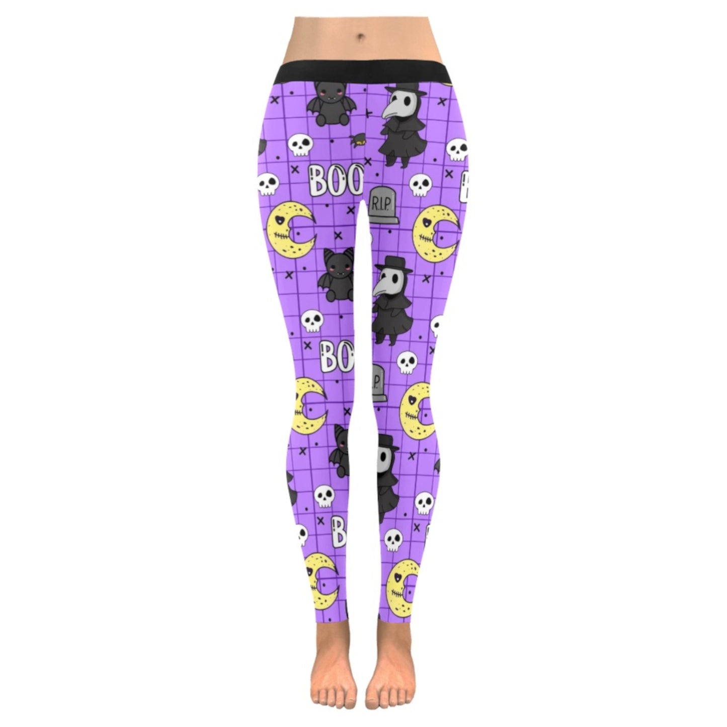 Purple leggings with Halloween-themed design on a white background