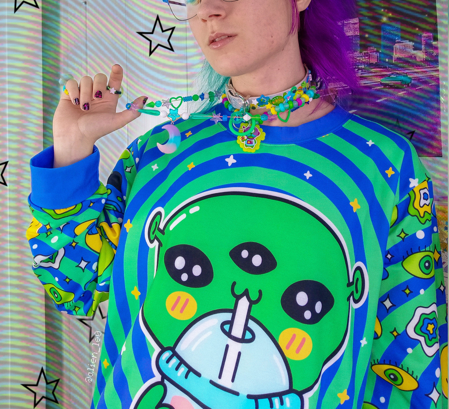 Model wearing Harajuku Kidcore Alien jumper