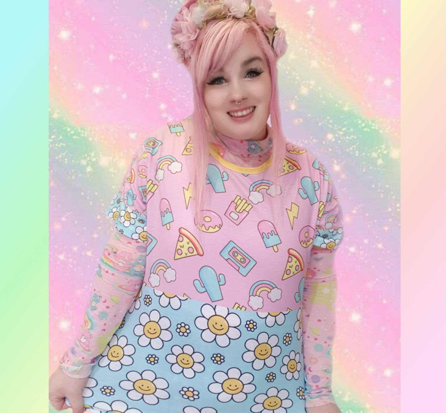 Youthful girl wearing Harajuku Kidcore Daisy print t-shirt