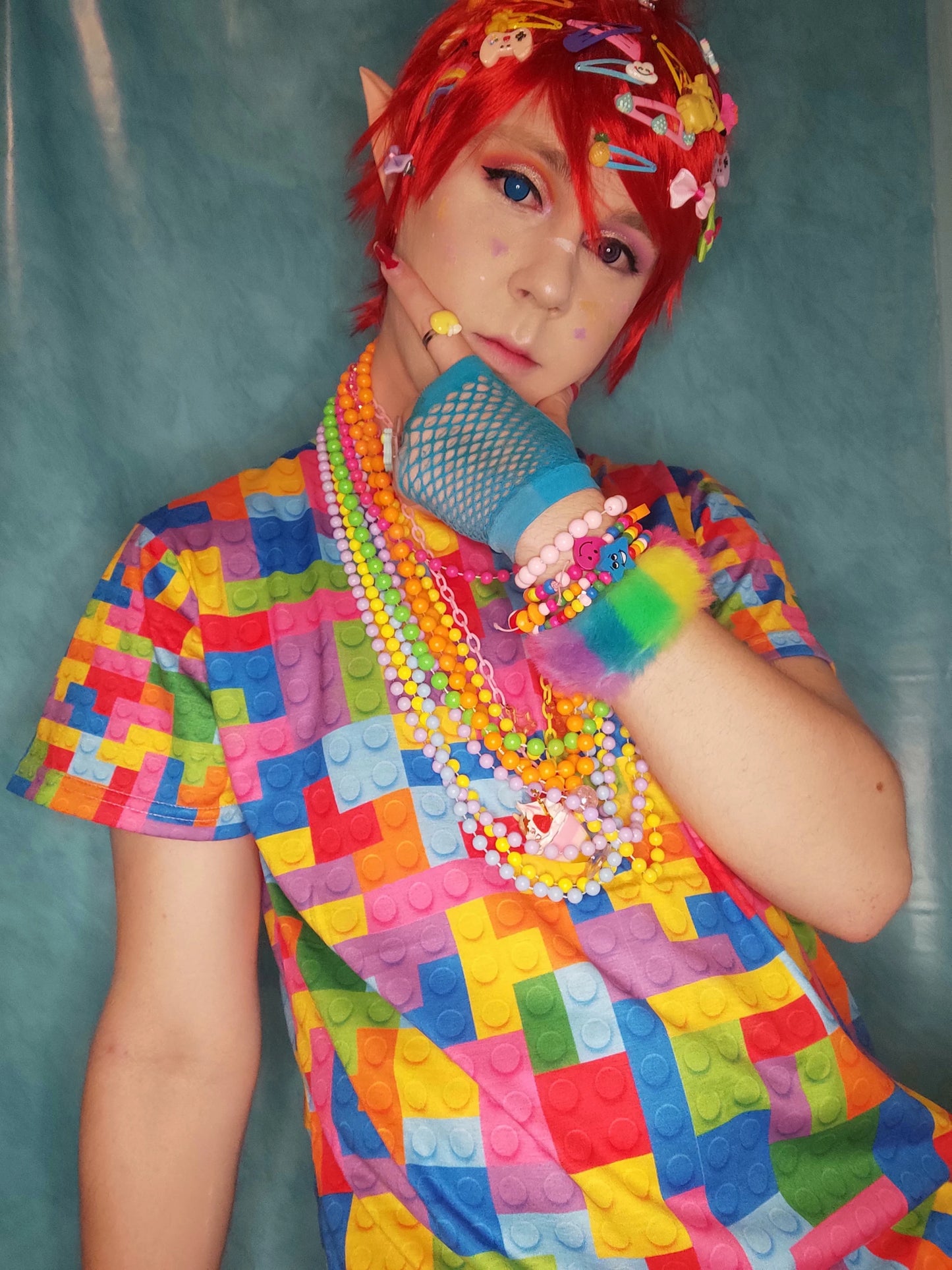 Model wearing Harajuku Kidcore Lego t-shirt