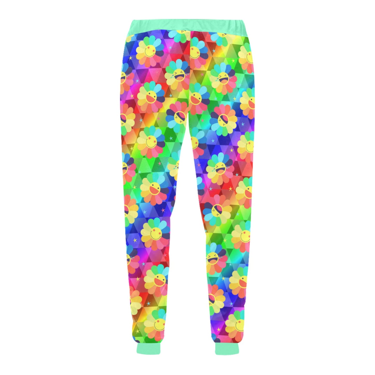 Harajuku Kidcore rainbow daisy pants displayed on clean white background