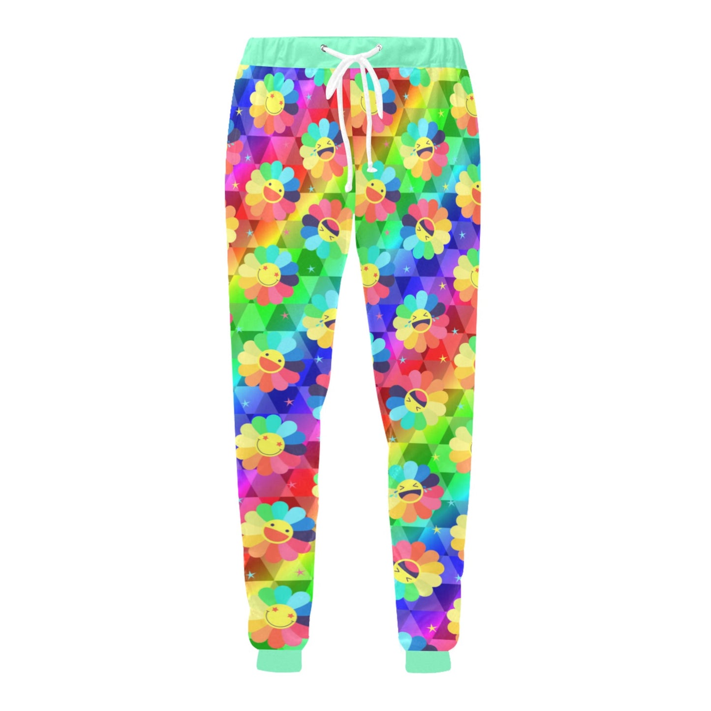 Harajuku Kidcore rainbow daisy pants displayed on clean white background