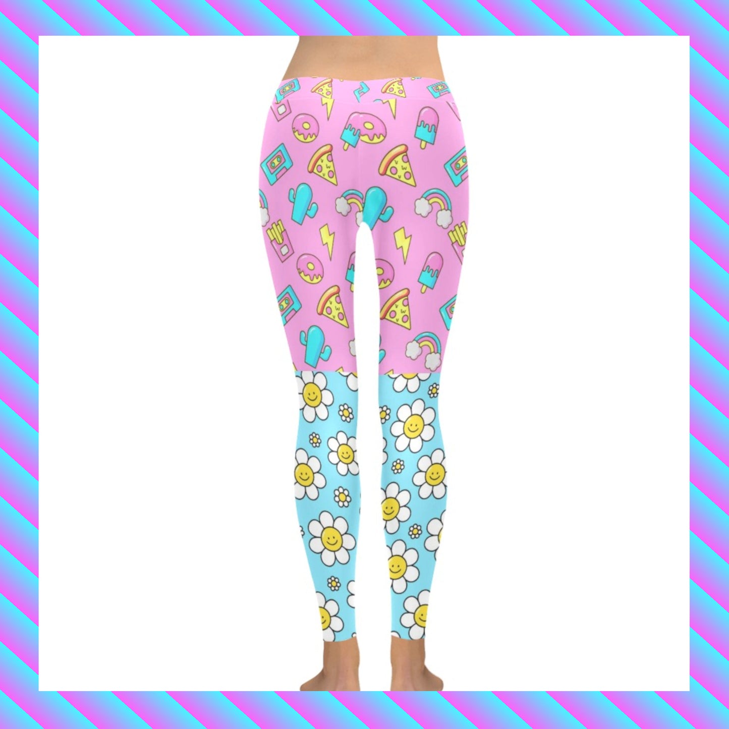 Harajuku Kidcore rainbowcore daisy pineapple lolly leggings displayed on clean white background