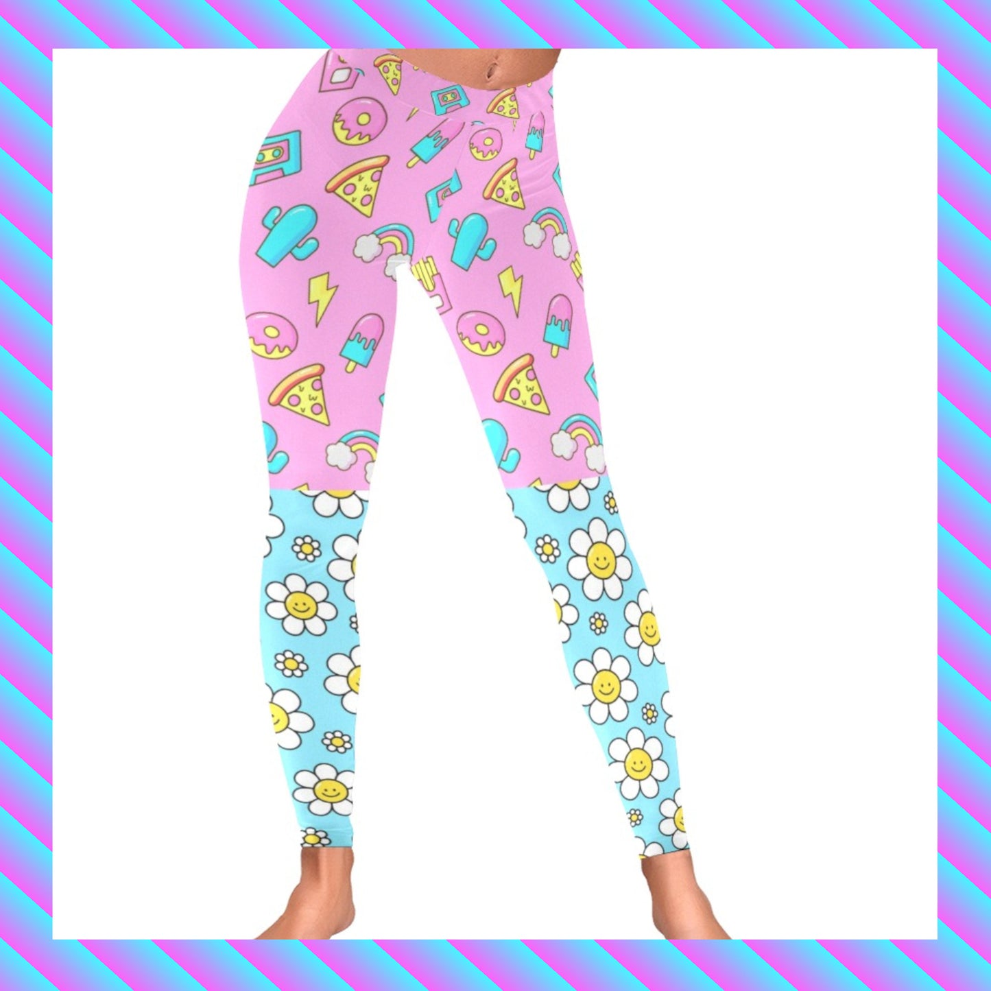 Harajuku Kidcore rainbowcore daisy pineapple lolly leggings displayed on clean white background