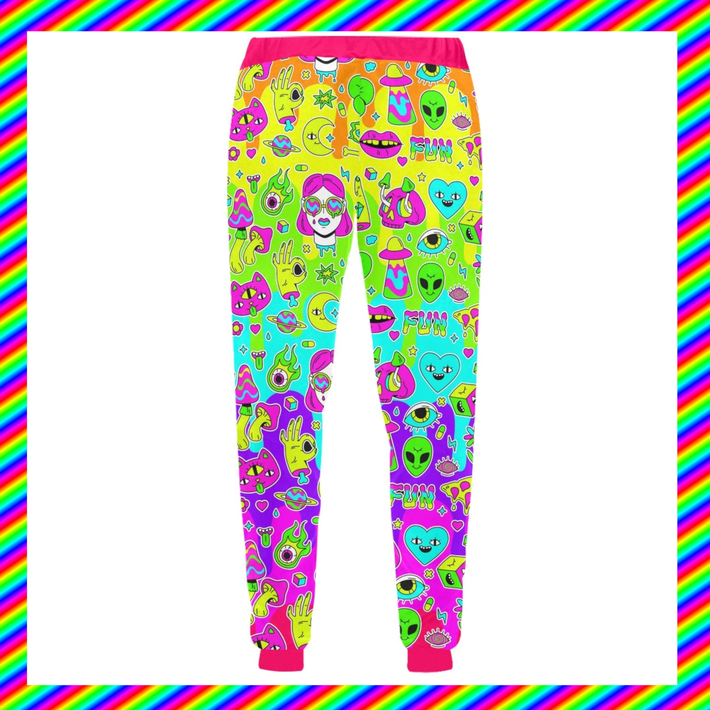 Harajuku Kidcore rainbow trippy Jogger Pants displayed on clean white background