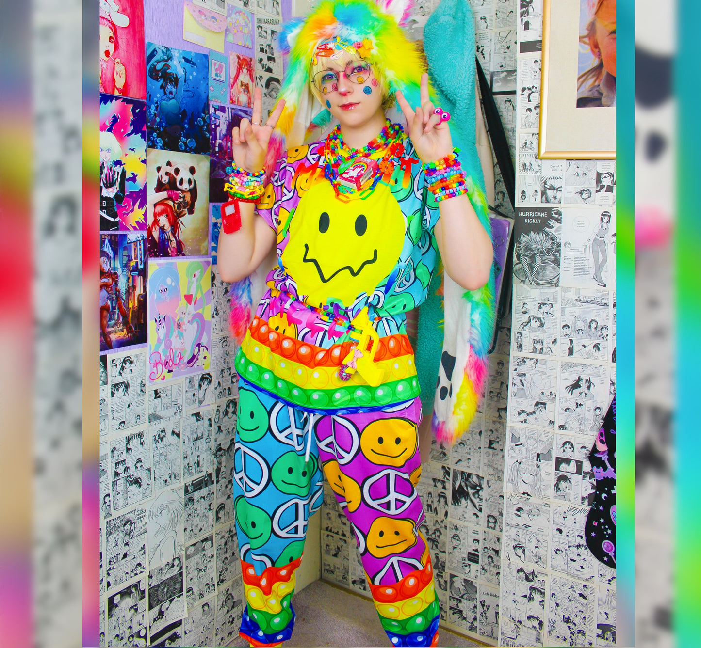 Model dressed in colorful Decora Kei and Kidcore fashion with vibrant pants.